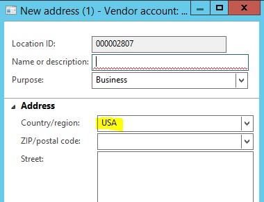 User entering an address and the Country/Region code defaulting automatically.