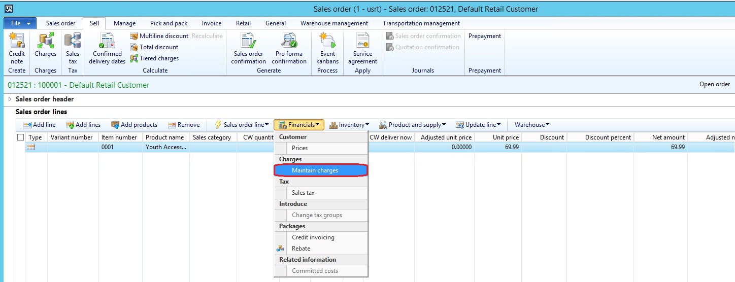 Assigning charges to the sales order line.
