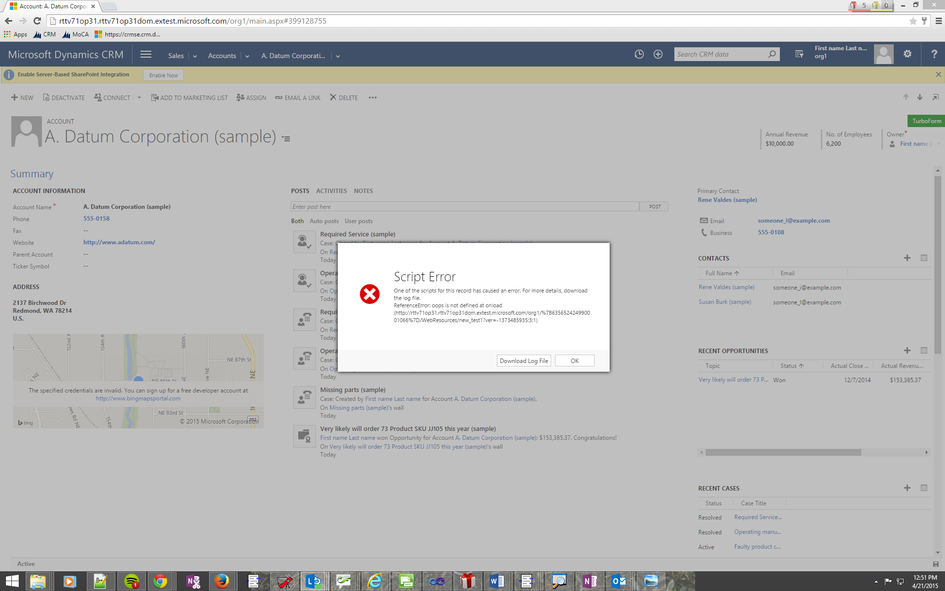Dialog displayed with a script error.