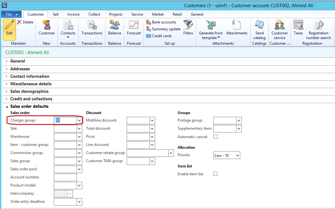 Customer account form, setting a value in the charge group.