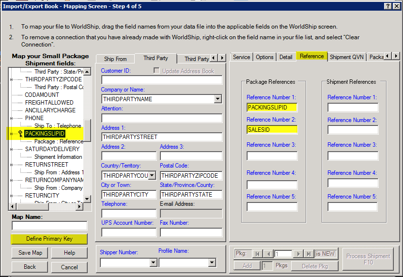 World ship import/export book, mapping screen, step 4 of 5, reference tab, reference number 1 and reference number 2.