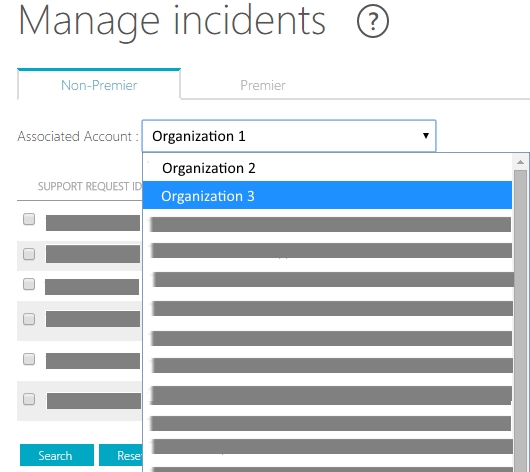 Manage incidents associated account drop down.