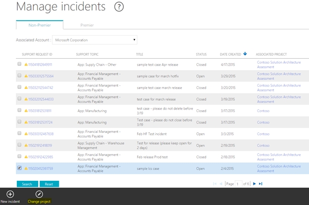 Manage incidents change project button.