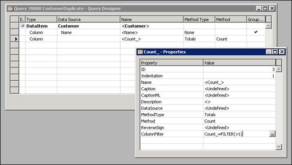 Query designer count properties.