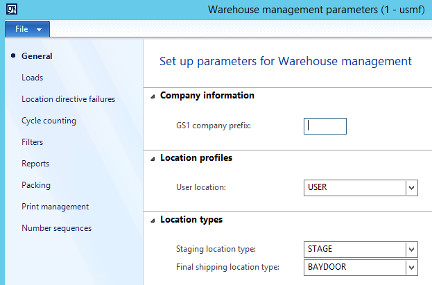 Warehouse management parameters.