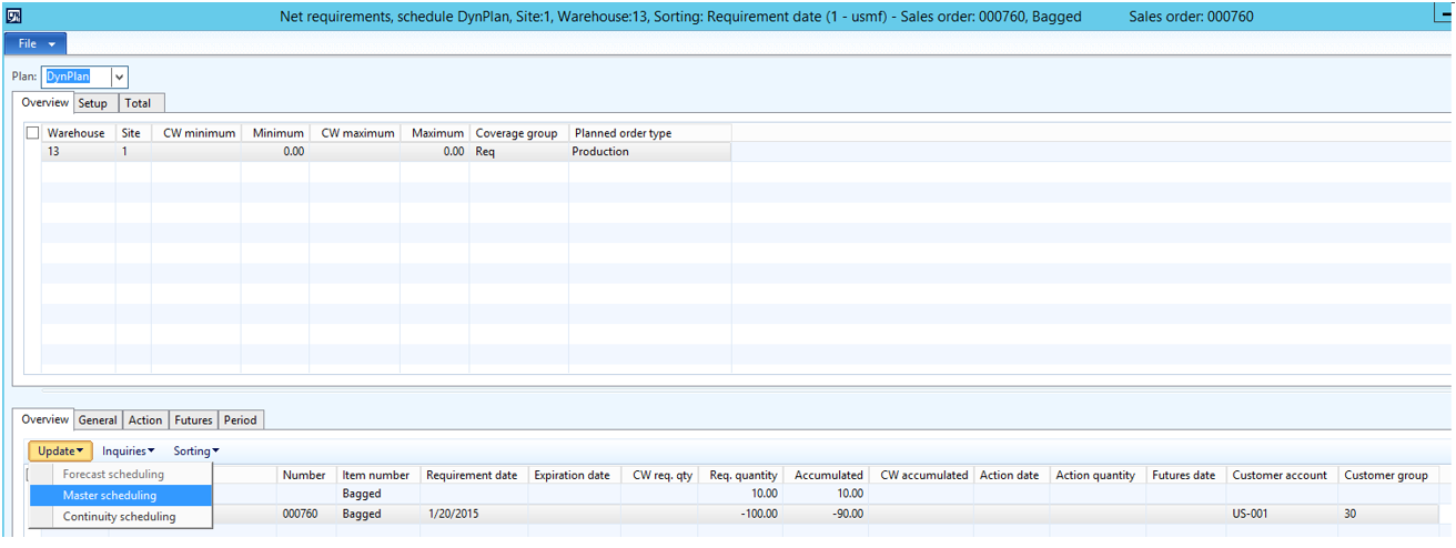 Net requirement form selecting master scheduling.