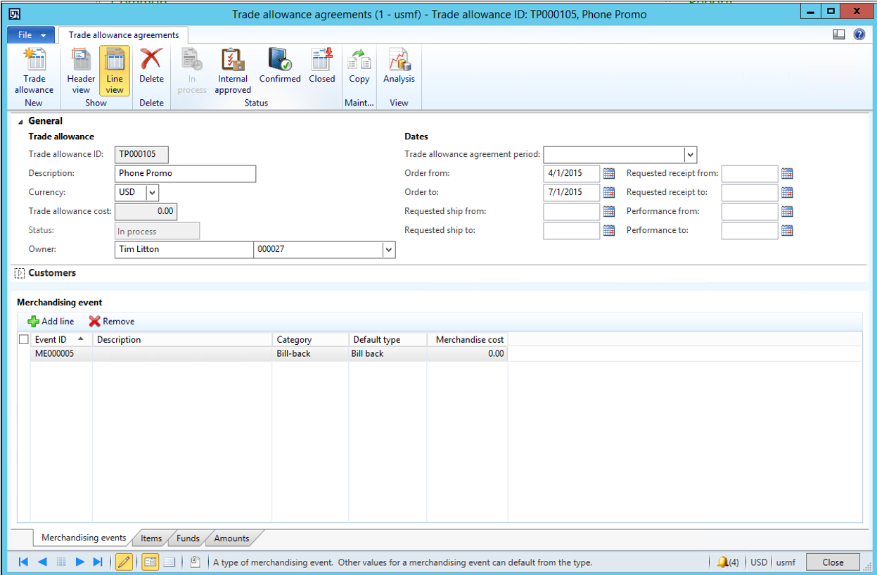 Selecting show line view to ad bill back on the trade allowance agreement.