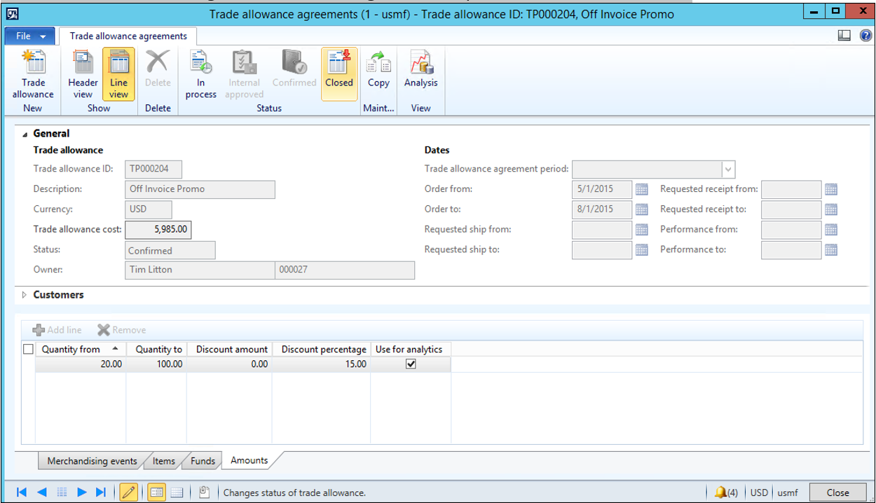 The status of the Trade allowance agreement changing from In process to Confirmed.