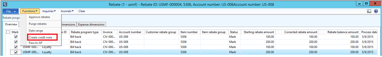 Clicking create credit note.