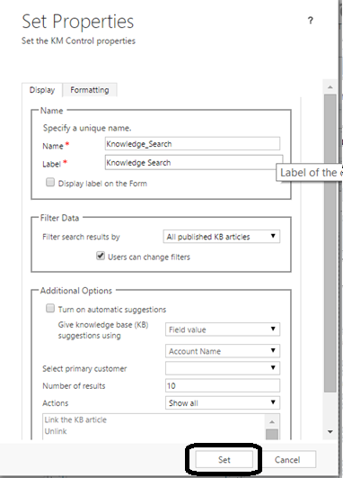 Setting the KM control properties.