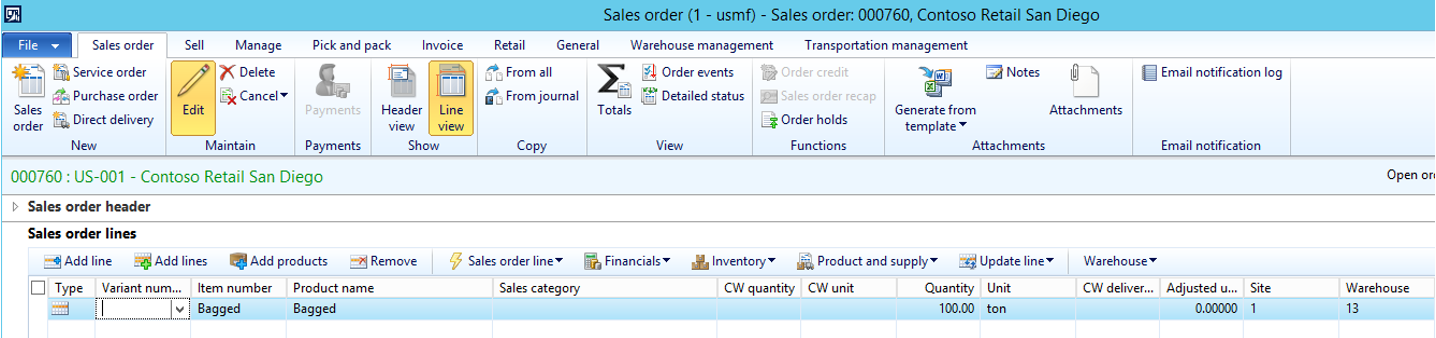 Sales order with 100 ton.