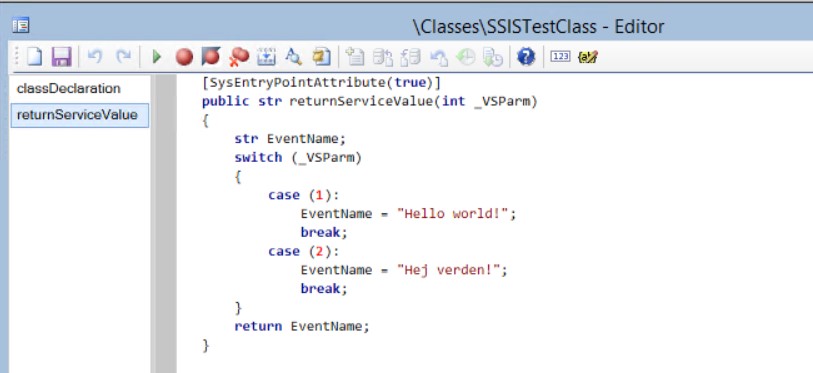 SSIS test class editor. Return Service Value.