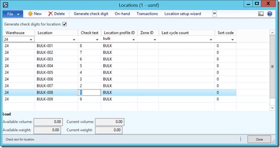 Warehouse 24 bulk locations having check digits.