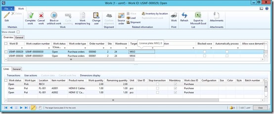 First work order having 2 work order lines of type put with location FL-001.