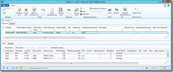 Second work order having 2 work order lines of type put with location FL-001.