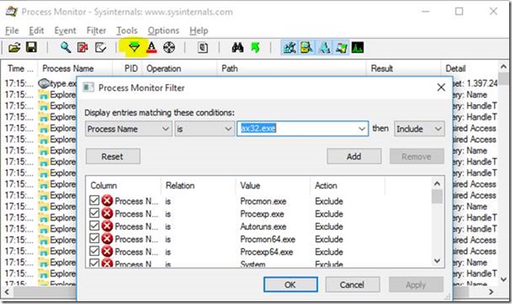 Process monitor filter.