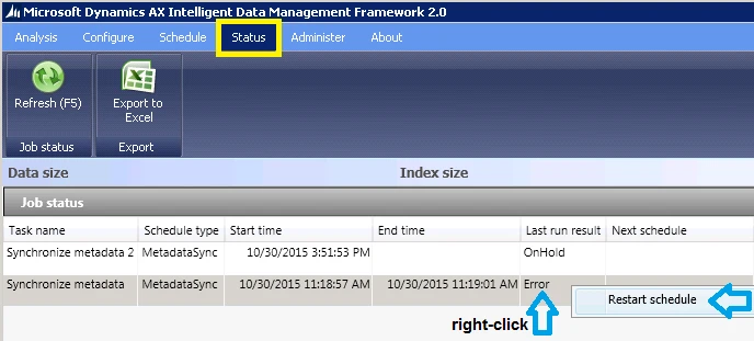 Choosing restart schedule and providing a new run date and run time when prompted.