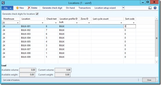 Warehouse 24 having bulk locations check digits.