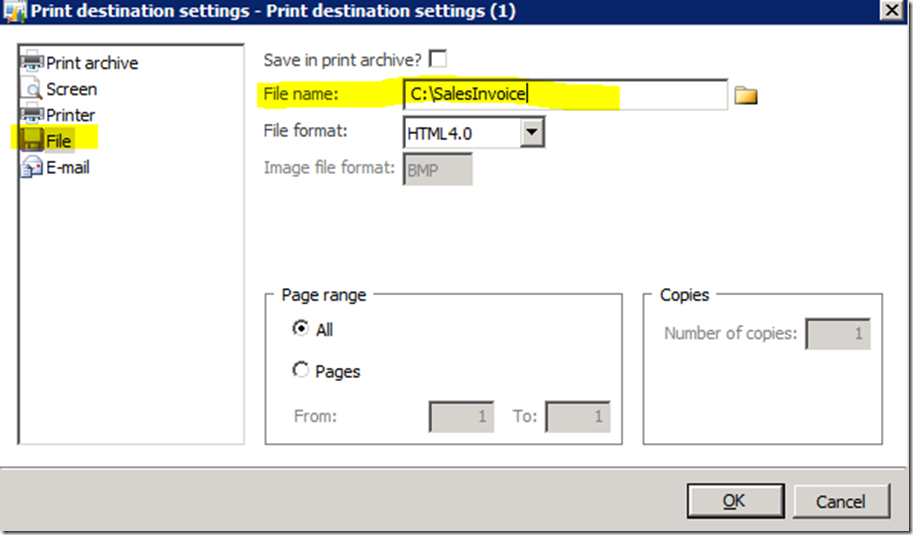 Print destination settings.