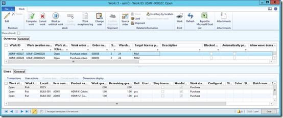 Work order having 2 work order lines of type put with 2 different locations.