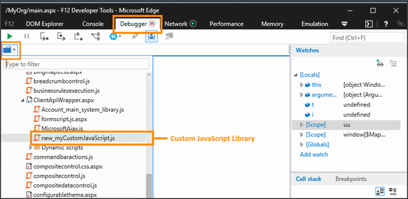 Custom JavaScript library in the debugger tab.