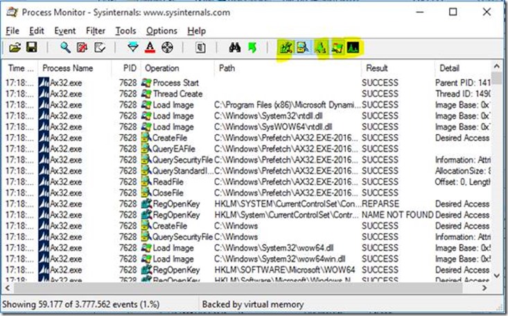 Process monitor filtering to only see the file system activities.