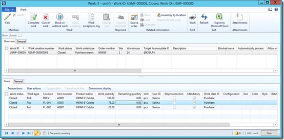 Work put transaction was split as a result of changing the location.