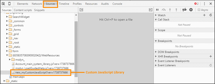 Custom JavaScript library in the sources tab.