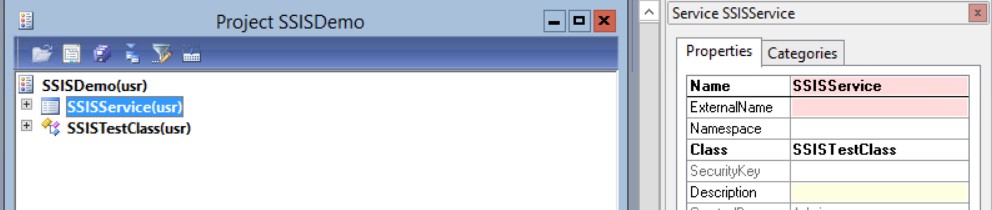Changing the Name to SSIS service and changing the class to SSIS test class, then saving the service.