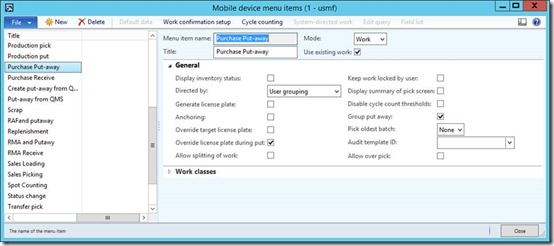 Mobile device menu item configured to perform existing work.
