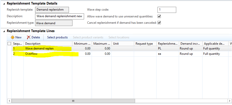 Replenishment template lines.