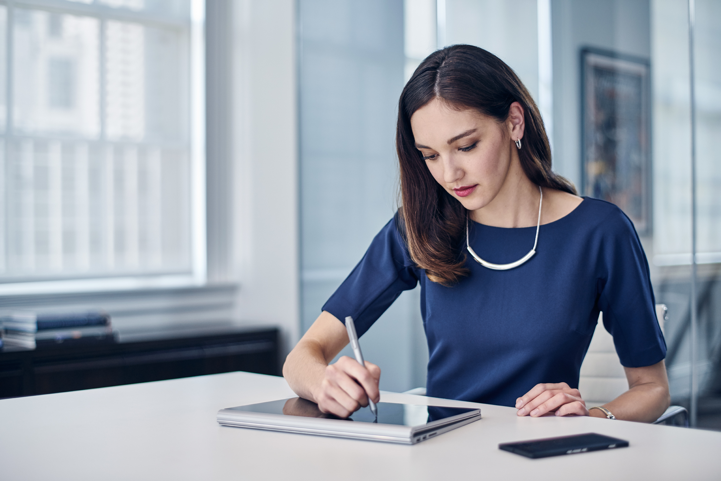 a woman in a blue shirt