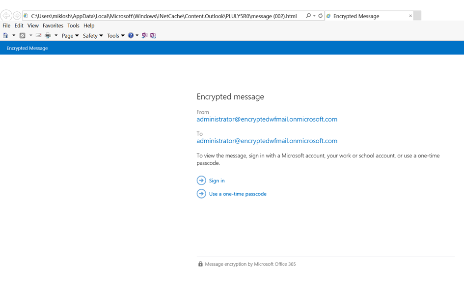 Message when opening the encrypted message in a browser