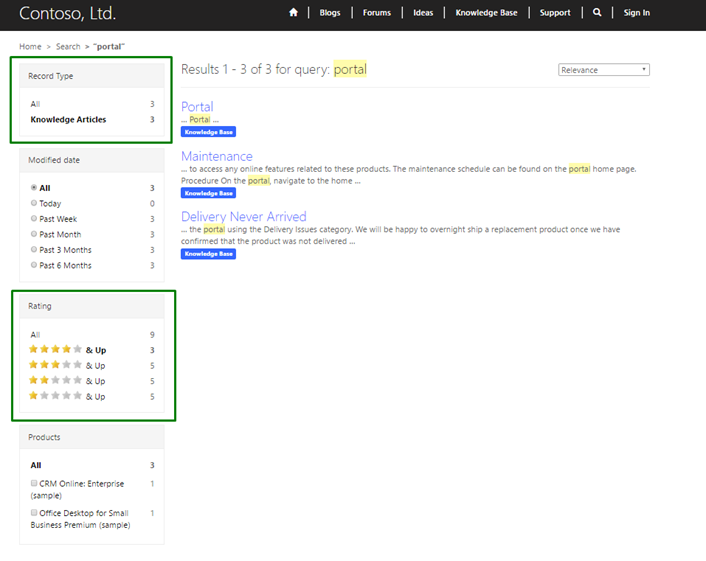 Record Type and Rating facets