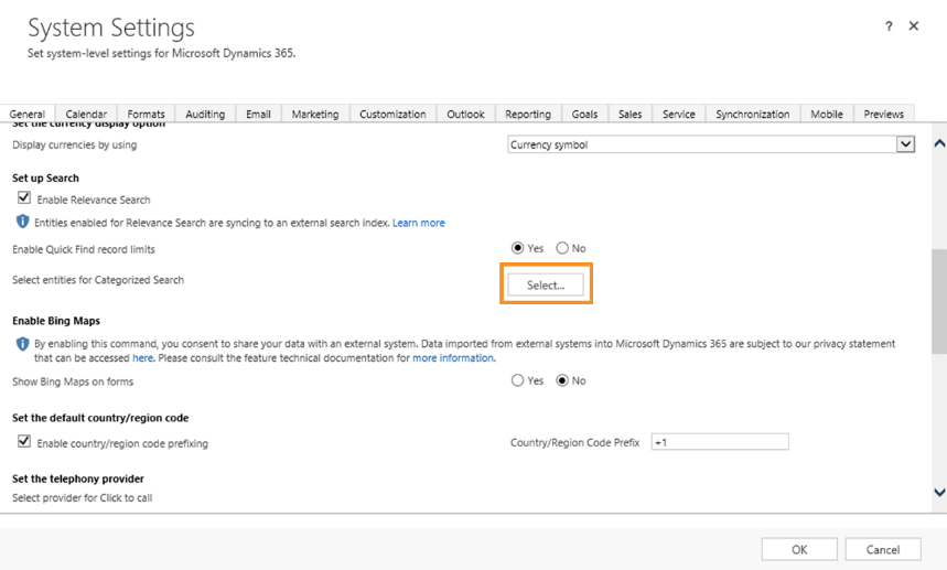 Option to select entities for categorized search