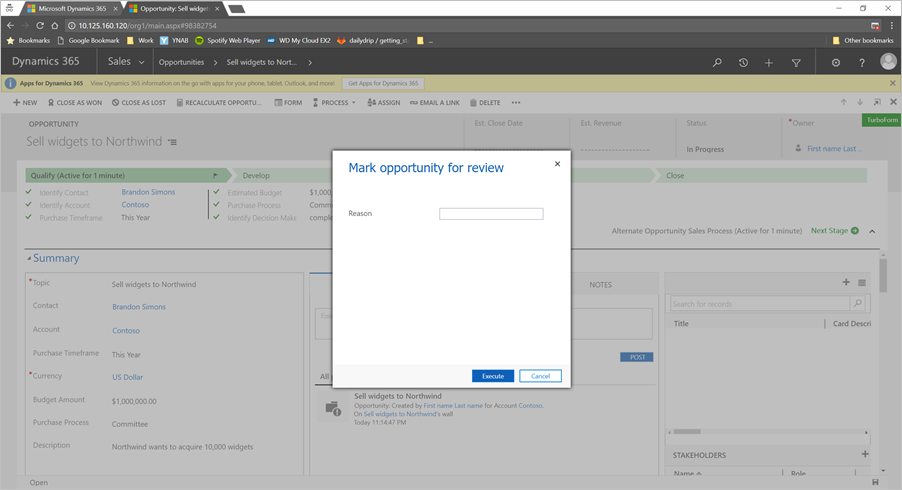 Action step showing a dialog to users for adding notes