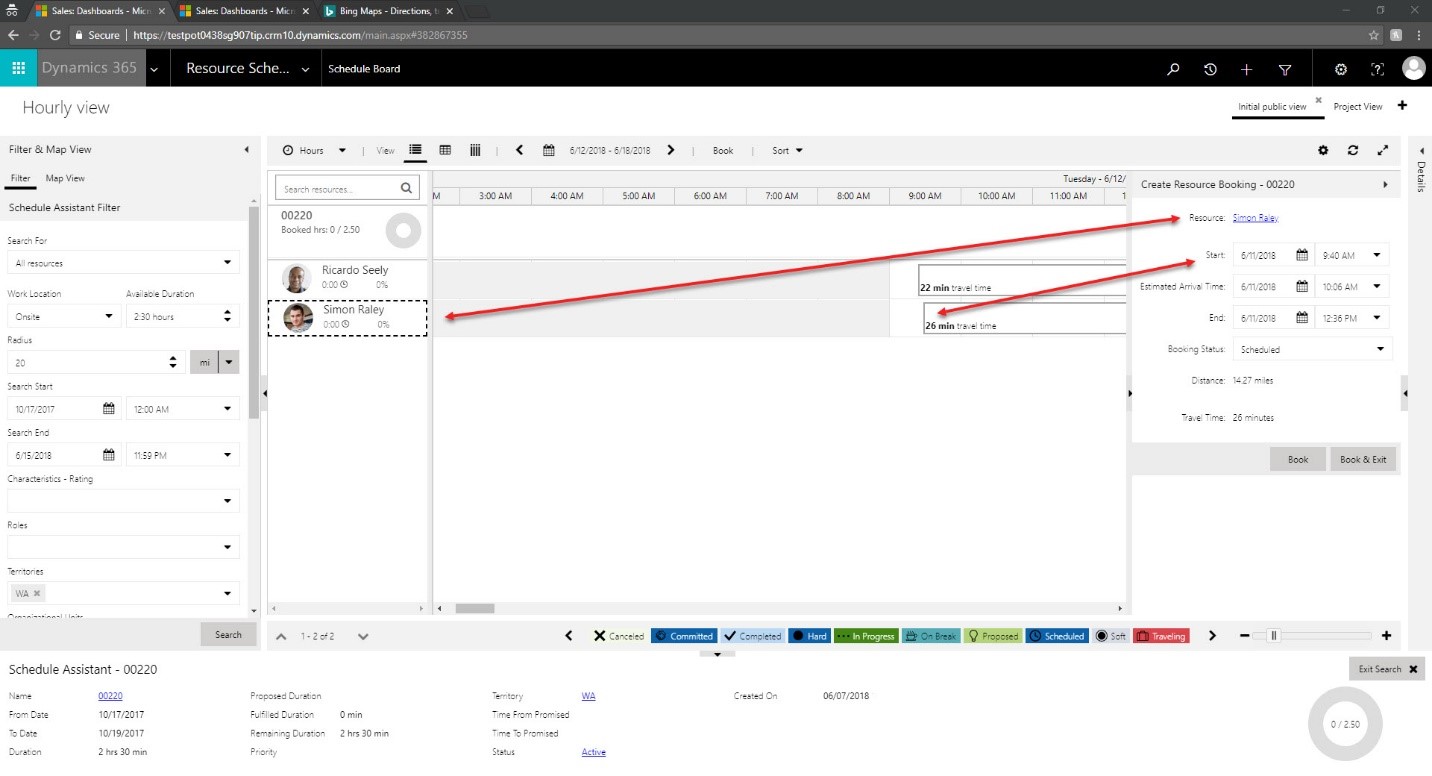 Resource and the first available time passed into booking panel