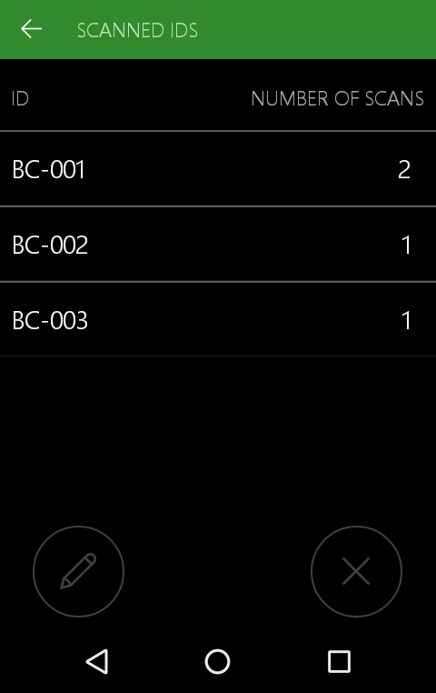 Screen showing list of scanned IDs
