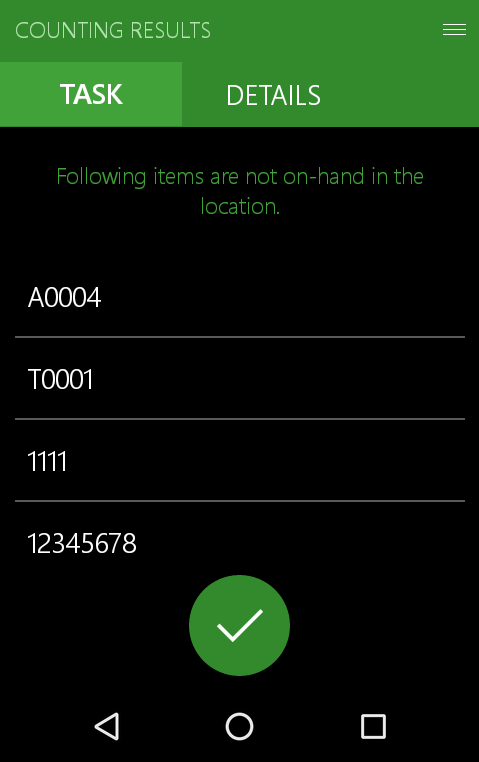 Screen with items not present in location