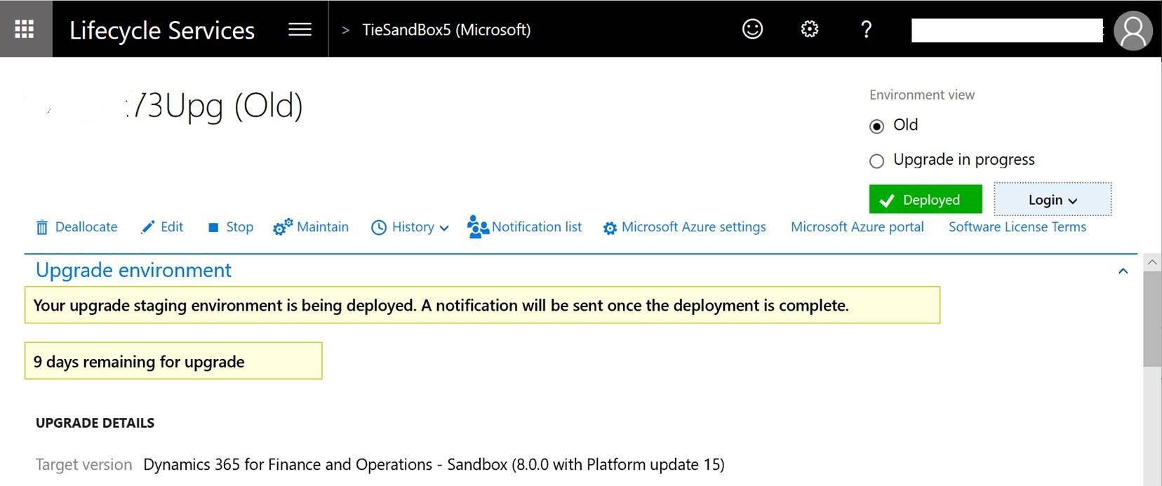 Upgrade Environment Screenshot