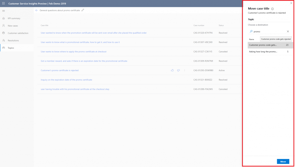 Use the panel to select the destination topic and move the case