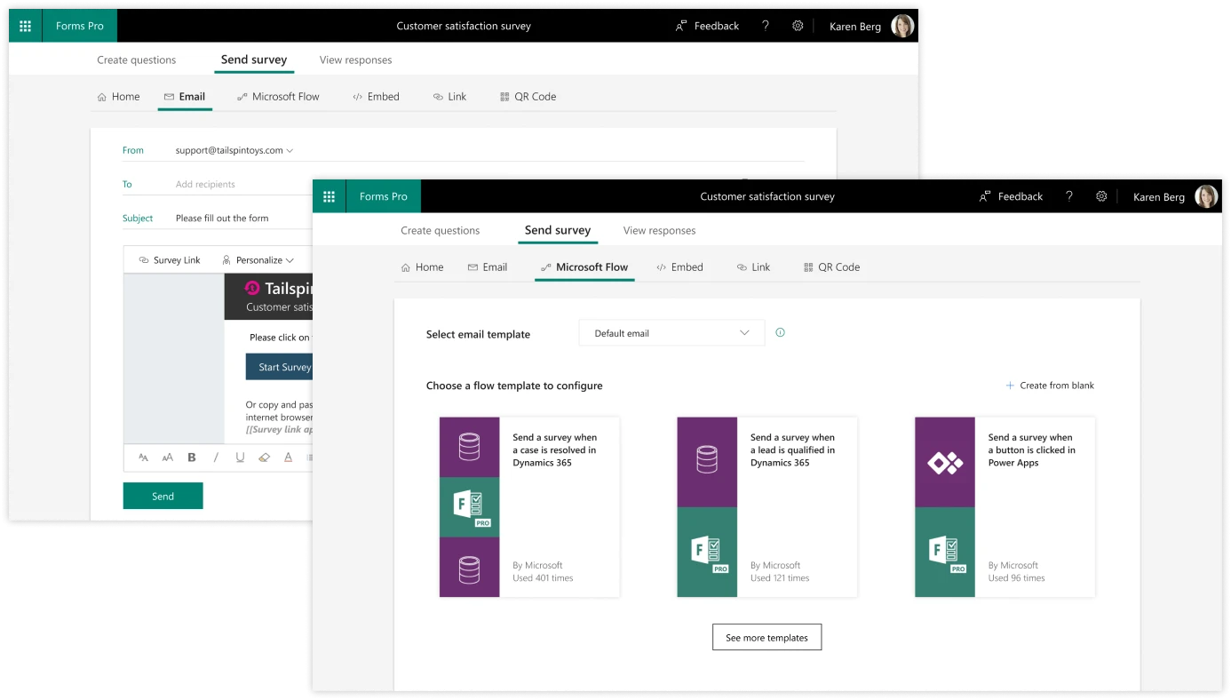 Integrate surveys with your business applications and send directly from within these solutions.
