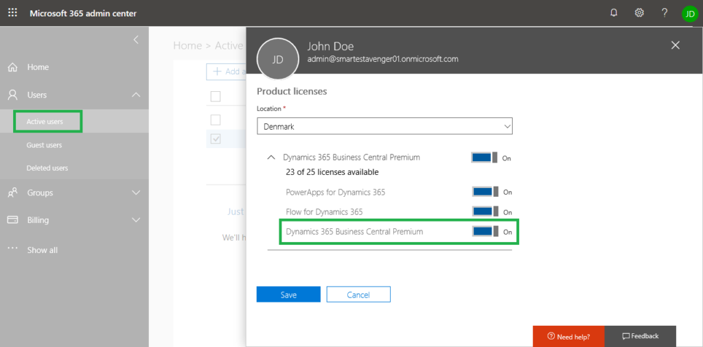 Assigning a license to the user