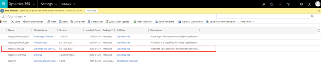 List of solutions with Sales app highlighted