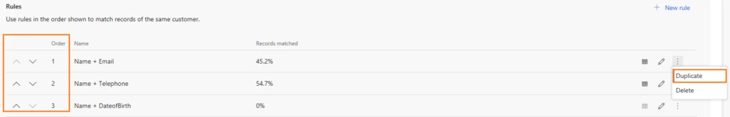 a screenshot of match rules reordering & create duplicate experience