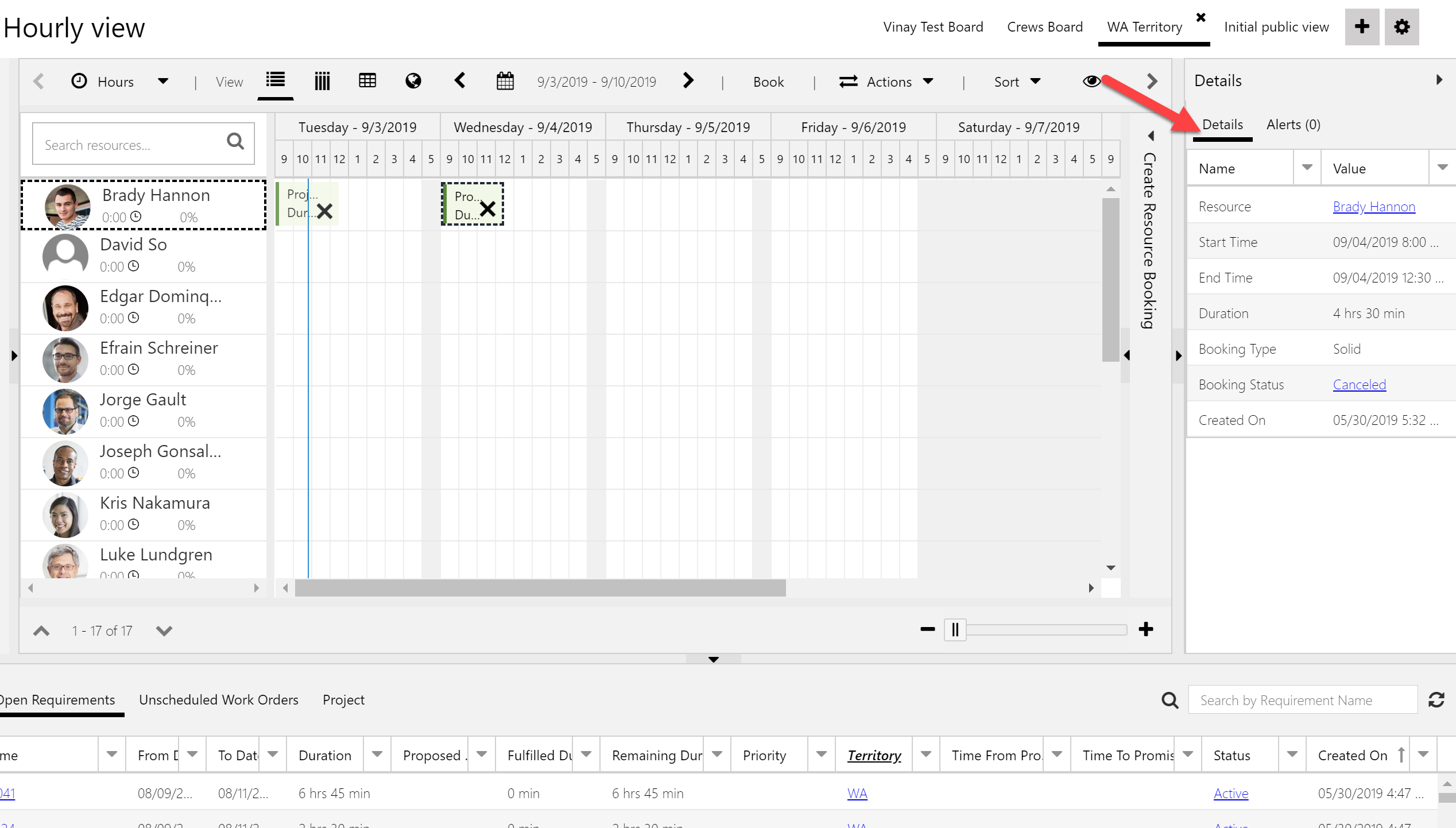 Details pane on the side of the schedule board