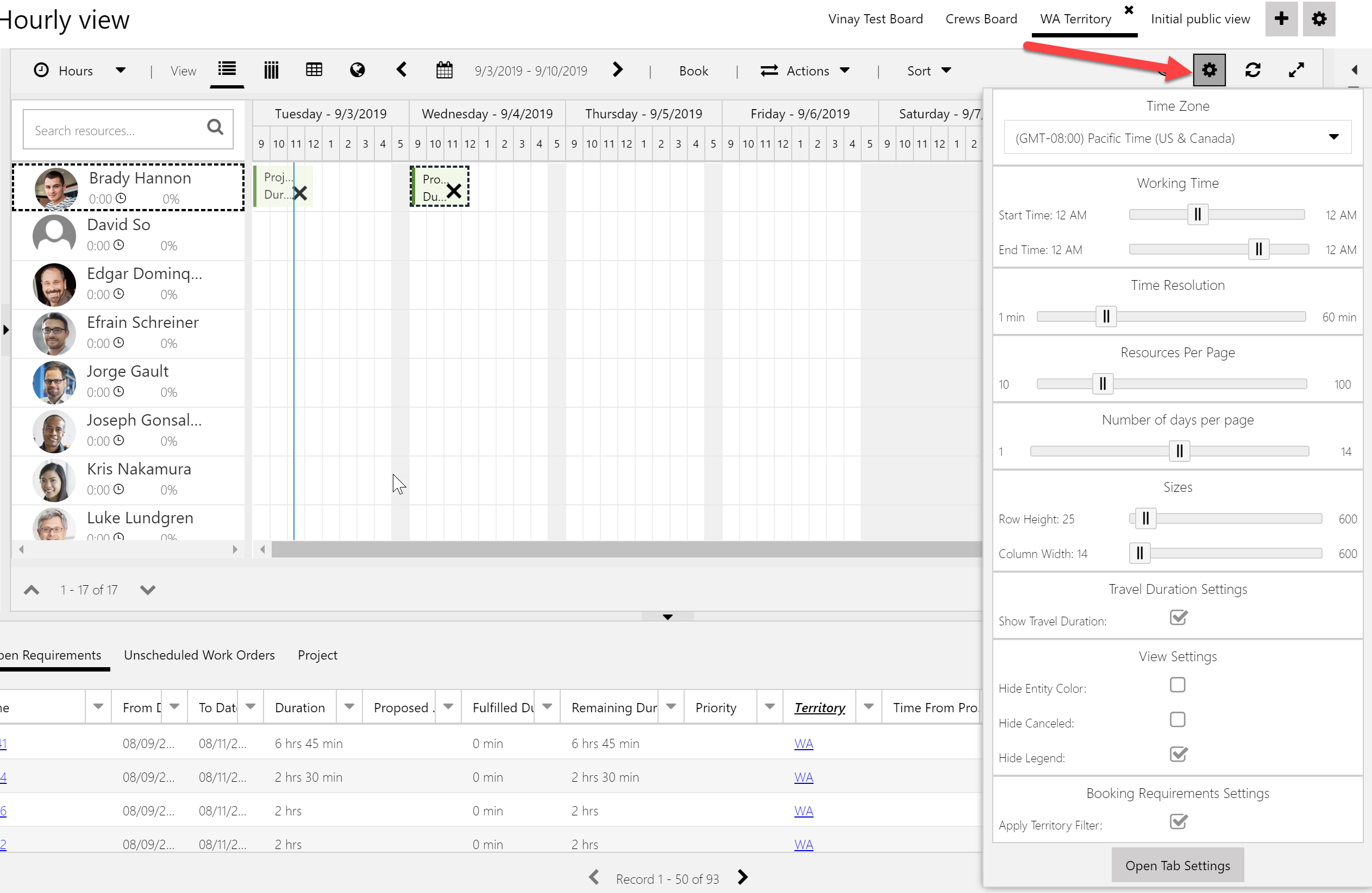 Gear icon for settings that change immediately and don't need full refresh on the schedule board