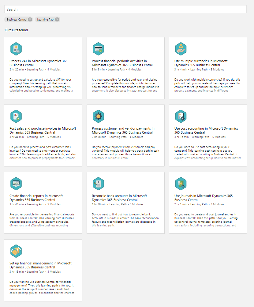 MS Learn filtered for learning paths for Business Central