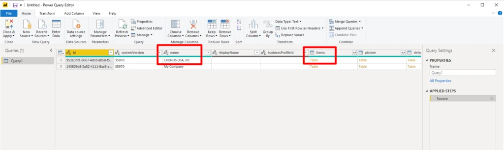 Power Query showing companies