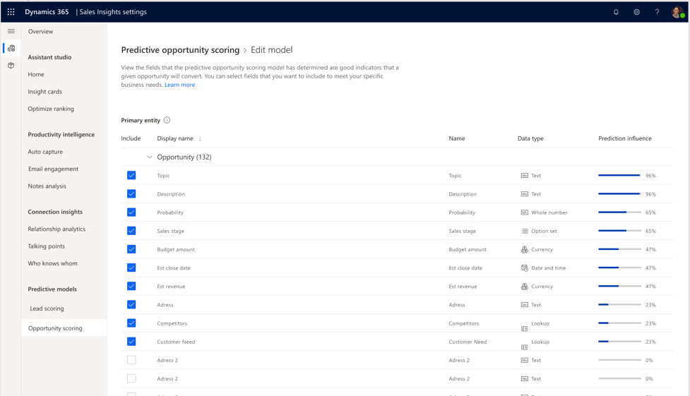 Product screenshot of feature selection experience, where users can adjust the automatic feature selection.